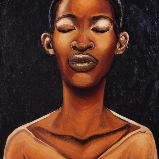 Image similar to a painting of a elegant, well fed, smooth-chinned, long nose, African, elder with few eyebrows by Wangechi Mutu . thinker without facial hair, thoughtful, focused, visionary, calm, jovial, loving, fatherly, generous, . dramatic angle, ethereal lights, details, smooth, sharp focus, illustration, realistic, cinematic, artstation, award winning, rgb , unreal engine, octane render, cinematic light, macro, depth of field, blur, red light and clouds from the back, highly detailed epic cinematic concept art CG render made in Maya, Blender and Photoshop, octane render, excellent composition, dynamic dramatic cinematic lighting, aesthetic, very inspirational, arthouse.