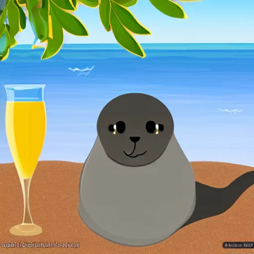 Image similar to a cute happy baby seal drinking a mimosa on the beach, 4k, digital art