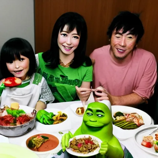 Image similar to photo of a japanese family having dinner with shrek