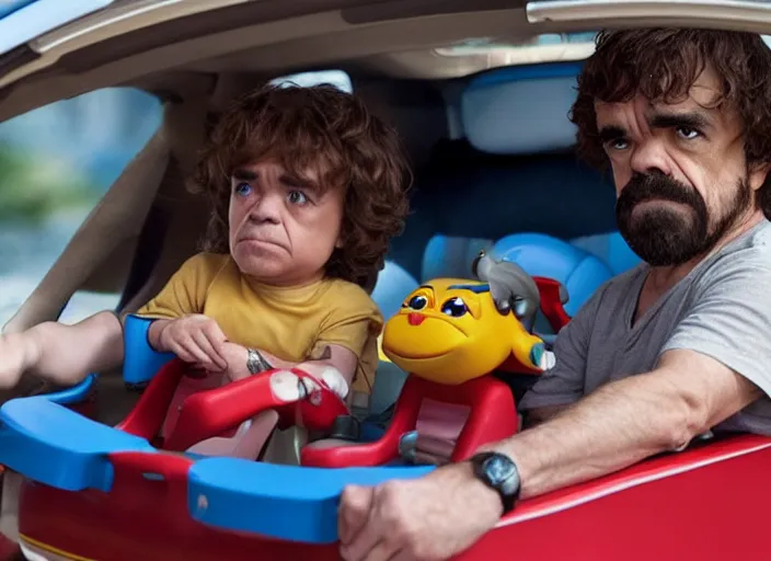 Image similar to peter dinklage and burt reynolds driving a little tikes cozy coupe, movie still, from the new smokey and the bandit, 8 k, realistic