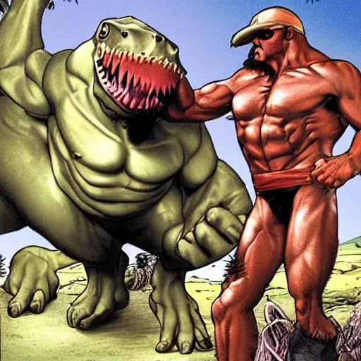 Prompt: hulk hogan riding a tyrannosaurus rex