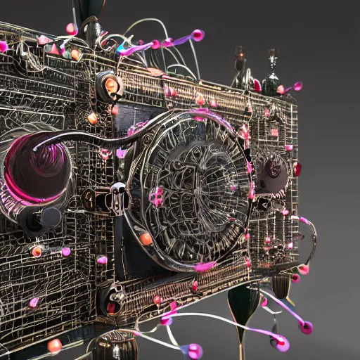 Prompt: incredibly detailed 1960s device, intricate mechanical details, made out of wires and resistors and bubble gum, astonishingly complex mechanisms, LCD screens, LEDs, ultra-detailed octane 8k houdini render, studio lighting