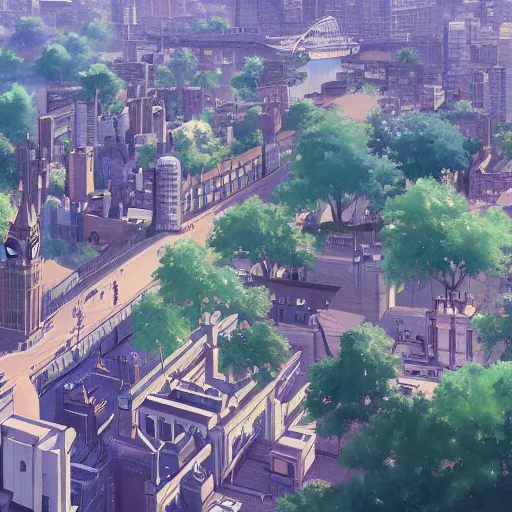 Image similar to A beautiful painting of London ,Anime ,nature ,illustration, Nature wallpaper, Bright and airy, Aerial, Makoto shinkai ,Trending on artstation