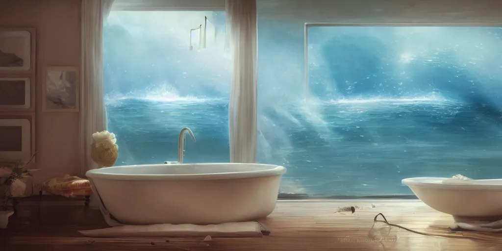 Image similar to an ocean in the bathtub, detailed oil painting, cinematic angle, hyperrealistic, breathtaking, volumetric lighting, cinematic lighting, dynamic, Studio Ghibli, digital art, octane render, epic composition, trending on artstation, masterpiece