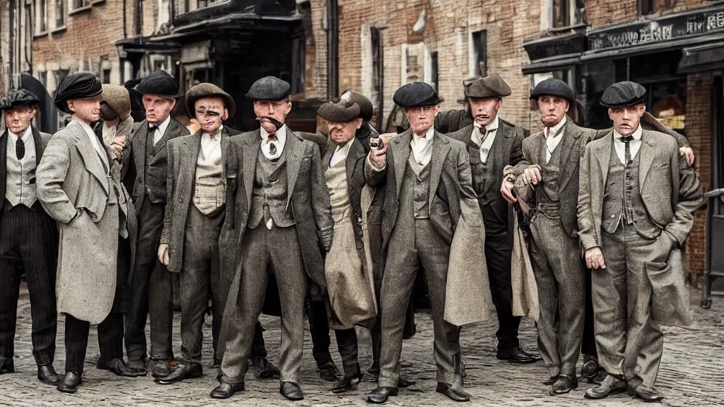 Image similar to a group peanut mans dressed like the peaky blinders