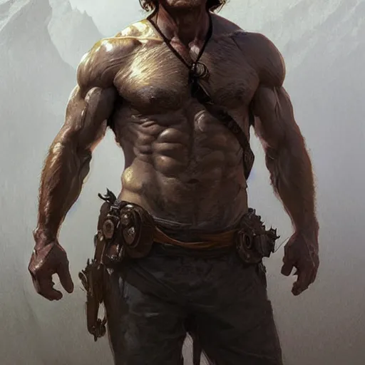 Image similar to rugged jason bateman, handsome, D&D, upper body, muscular, hairy torso, fantasy, intricate, elegant, highly detailed, digital painting, artstation, concept art, smooth, sharp focus, illustration, art by artgerm and greg rutkowski and alphonse mucha