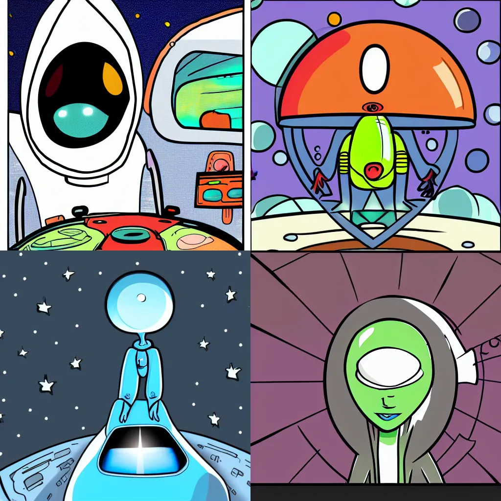 Prompt: An alien in a spaceship, cartoon, 2D
