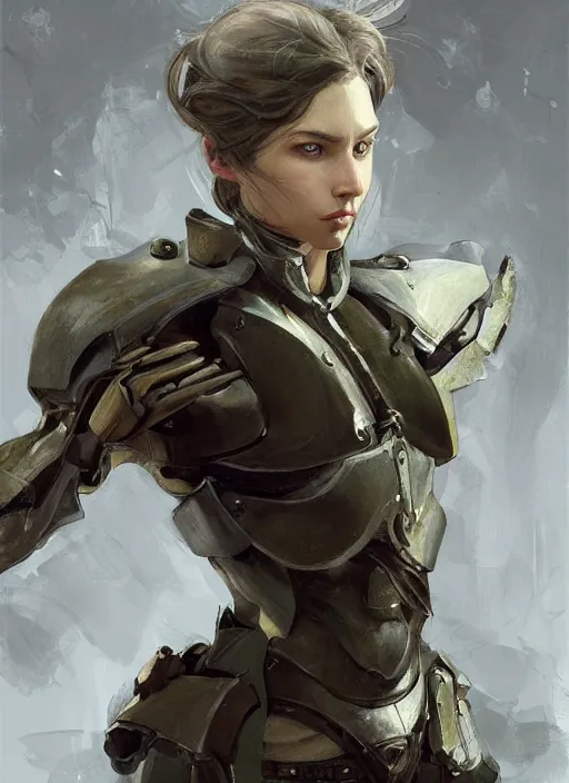 Image similar to a professional painting of a beautiful young female, clothed in military armor, olive skin, long dark hair, beautiful bone structure, symmetrical facial features, intricate, elegant, digital painting, concept art, smooth, sharp focus, illustration, from Metal Gear, by Ruan Jia and Mandy Jurgens and Artgerm and William-Adolphe Bouguerea