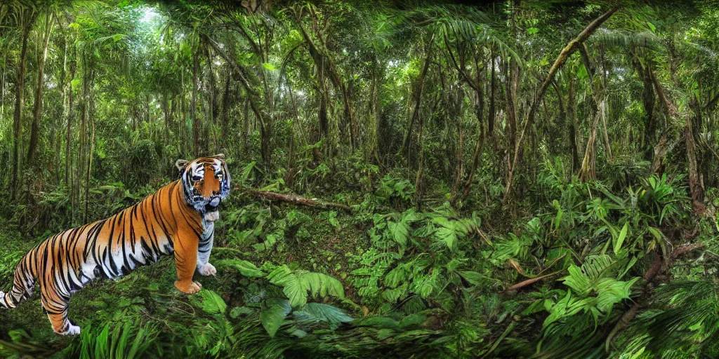 Image similar to 3 6 0 panorama hdr environment map of a journey in the jungle spotting a tiger photograph very high detail focus octane render