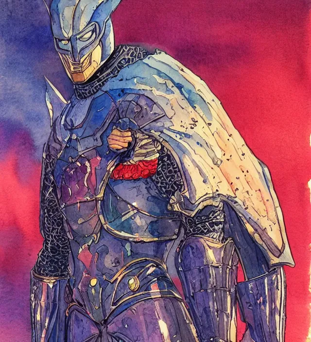 Prompt: a watercolor ink painting of a superhero knight in the style of jean giraud in the style of moebius trending on artstation deviantart pinterest detailed realistic hd 8 k high resolution