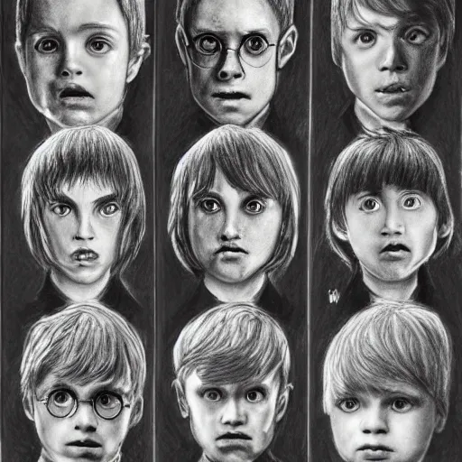 Image similar to pencil drawing bunch of charachters from harry potter looking at each other