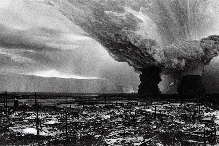 Prompt: nuclear explosion in a destroyed city during a thunderstorm, pictorialism, desolate