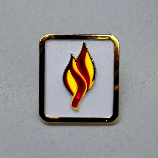 Image similar to a diamond enamel pin depicting a minimalistic clean fire flames warning label, smooth curves