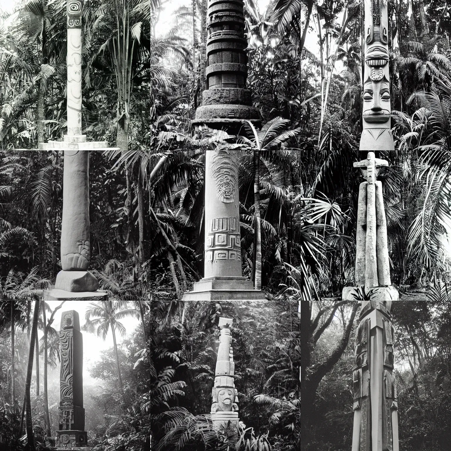 Prompt: lost film footage of a sacred totem in the middle of the tropical jungle / film still / cinematic / enhanced / 1 9 2 0 s / black and white / grain