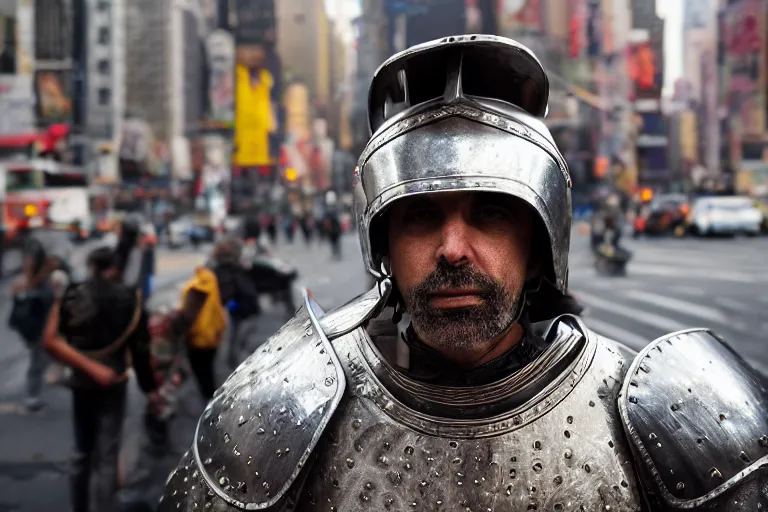 Prompt: closeup potrait of man in plate armor at a busy new york intersection, natural light, sharp, detailed face, magazine, press, photo, Steve McCurry, David Lazar, Canon, Nikon, focus