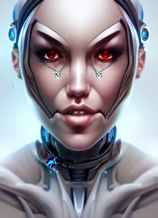 Prompt: portrait of a cyborg woman by Artgerm (rotation head +50), biomechanical, hyper detailled, trending on artstation