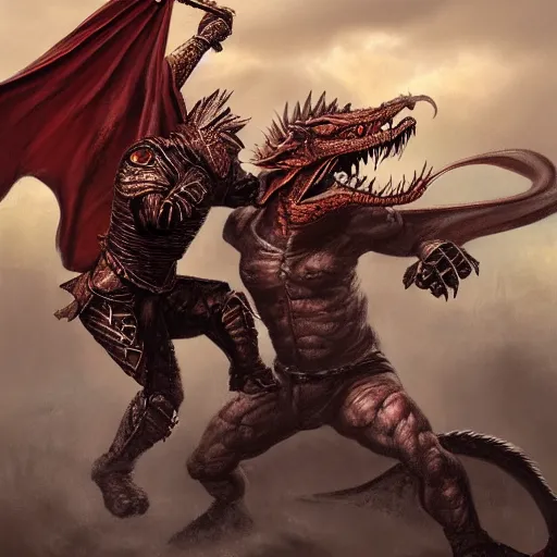 Prompt: warrior fighting a dragon by Wayne Reynolds