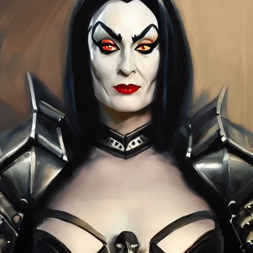 Image similar to greg manchess portrait painting of armored morticia from addams family as overwatch character, medium shot, asymmetrical, profile picture, organic painting, sunny day, matte painting, bold shapes, hard edges, street art, trending on artstation, by huang guangjian and gil elvgren and greg rutkowski