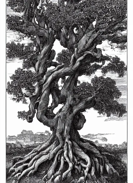 Prompt: gnarled ancient oak tree of life with roots wrapped in an open book, art by james o barr and albrecht durer, woodblock print, engraved, black and white, vector, vector art