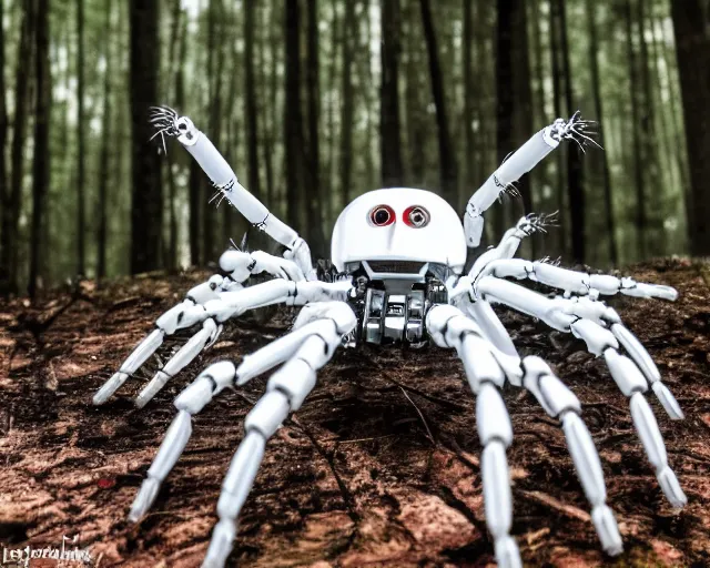Prompt: photo of a giant huge white terminator spider with heavy duty biomechanical hydraulic cybernetic body with antennas and visor cogs and gears and components in the forest. cyberpunk horror style. highly detailed 8 k. intricate. nikon d 8 5 0 5 5 mm. award winning photography.