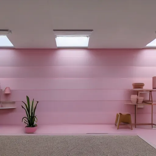 Image similar to An ultra high definition, professional photograph of an IKEA showroom located on a pastel pink beach ((with pastel pink, dimpled sand where every item is pastel pink. The sun can be seen rising through a window in the showroom.)) The showroom unit is outdoors and the floor is made of dimpled sand. Morning time indirect lighting with on location production lighting on the showroom. In the style of wallpaper magazine, Wes Anderson.