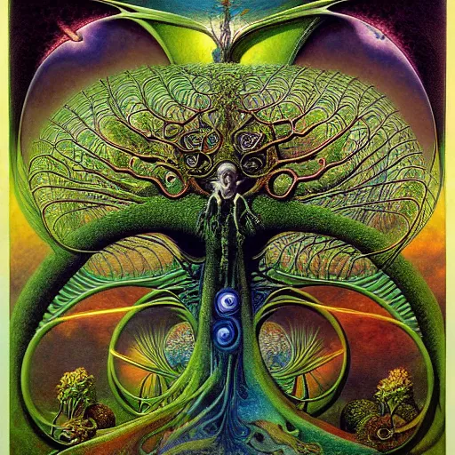 Prompt: divine chaos engine by roger dean and andrew ferez, tree of life, symbolist, visionary, detailed, realistic, surreality, art forms of nature by ernst haeckel, deep rich moody colors, botanical fractal structures