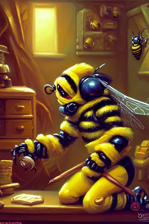 Prompt: classic oil painting, an adorable little bumble bee, as a dnd character, inside a cluttered bedroom, cute, cottagecore, highly detailed, digital illustration, concept art, smooth, sharp focus, art by tim hildebrandt, and greg hildebrandt