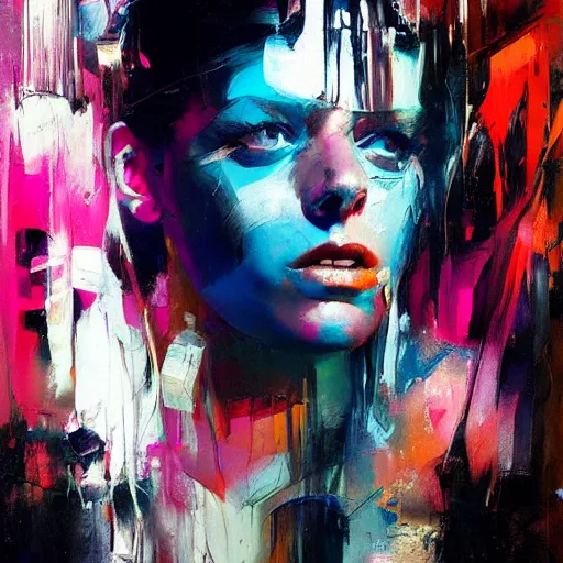 Prompt: portrait of beautiful girl, sensual dancing, ecstatic, techno party, shades of blue, by greg rutkowski, by jeremy mann, by francoise nielly