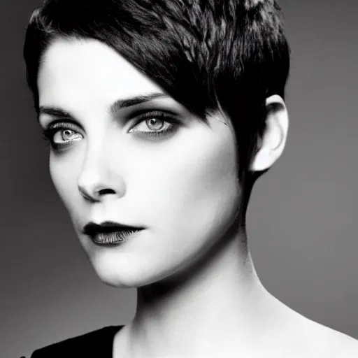 Image similar to Alice Cullen, pale skin, short black pixie cut hair, symmetrical face, black dress, dramatic lighting, twilight, sharp focus, smooth, Ashley Greene