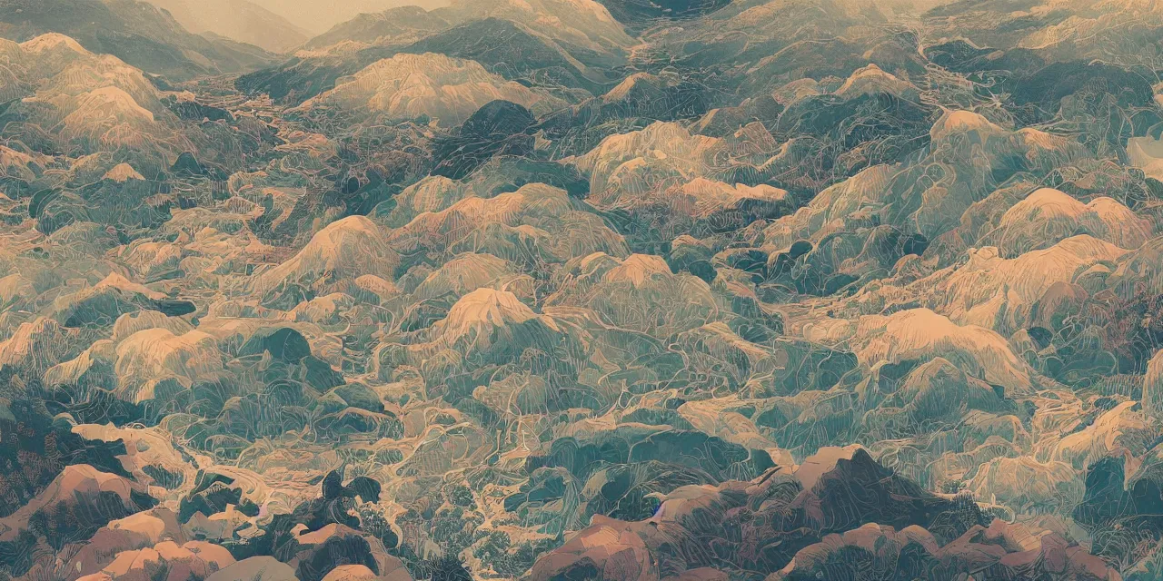 Prompt: a beautiful painting of a scene about a panorama of rivers and mountains, by victo ngai and yuumei and james jean, trending on artstation., ultrawide viewn and highly detailed matte painting