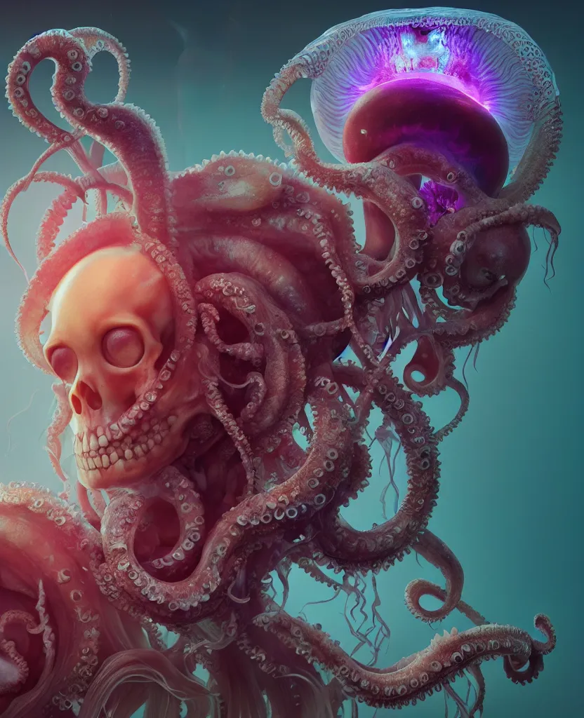 Image similar to goddess close - up portrait human skeleton, ram skull, octopus, jellyfish, orchid, betta fish, bioluminiscent, intricate artwork by tooth wu and wlop and beeple. octane render, trending on artstation, greg rutkowski very coherent symmetrical artwork. cinematic, hyper realism, high detail, octane render, 8 k