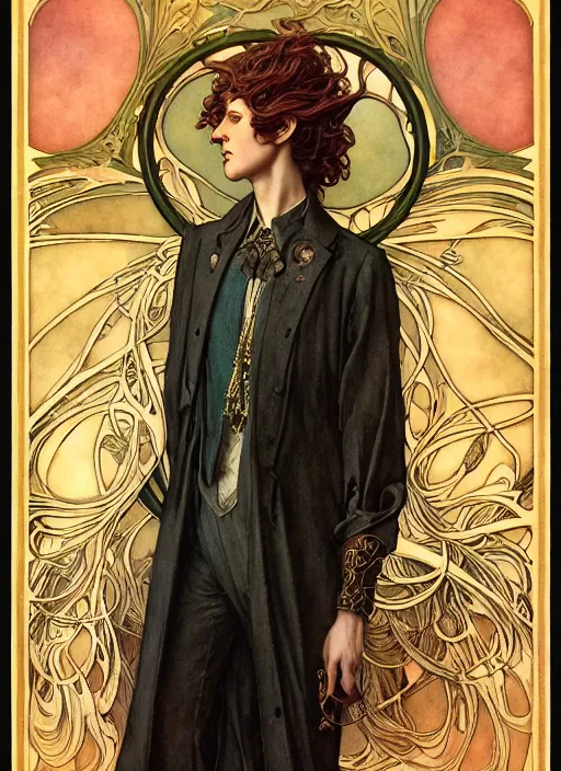 Image similar to edmund dulac, leyendecker, highly detailed portrait, a beautiful androgynous eric nally, long hair, tall and thin, wearing several pendants, art nouveau, stephen bliss, unreal engine, by greg rutkowski, loish, ferdinand knab, ilya kuvshinov, rossdraws, tom bagshaw, alphonse mucha, global illumination, radiant light