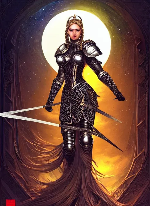 Prompt: high vector, book cover!!!!!!!!!!!!, warrior princess in intricate plate armour, large moon, light night, intricate, elegant, sharp focus, illustration, highly detailed, digital painting, concept art, matte, art by wlop and artgerm and ivan shishkin and andrey shishkin, masterpiece