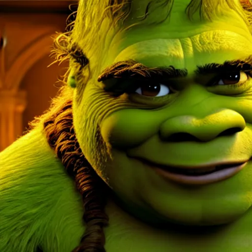 Image similar to zoomed out still from the movie shrek with chewbacca hugging shrek, highly detailed, extremely high quality, hd, 4 k, 8 k, canon 3 0 0 mm, professional photographer, 4 0 mp, lifelike, top - rated, award winning, realistic, detailed lighting, detailed shadows, sharp, no blur, edited, corrected, trending