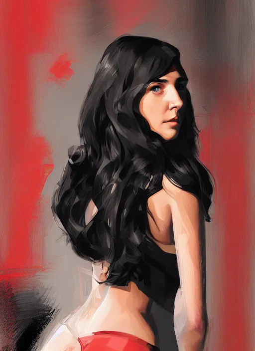 Prompt: detailed artwork by phil noto ; stylized painting of young jennifer connelly ; gal gadot ; brush texture ; asymmetric composition ; trending on artstation ; gallery painting by phil noto, comic style