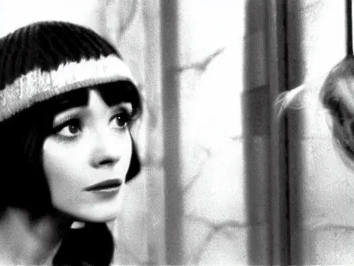 Prompt: film still of a beautiful beatnik girl staring into space, anna karina, mary louise parker, vintage fashion