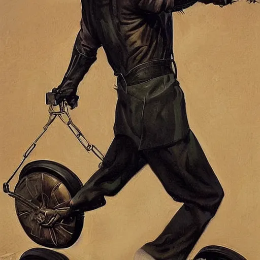 Prompt: frankenstein on a segway chasing crows, painting by by jc leyendecker