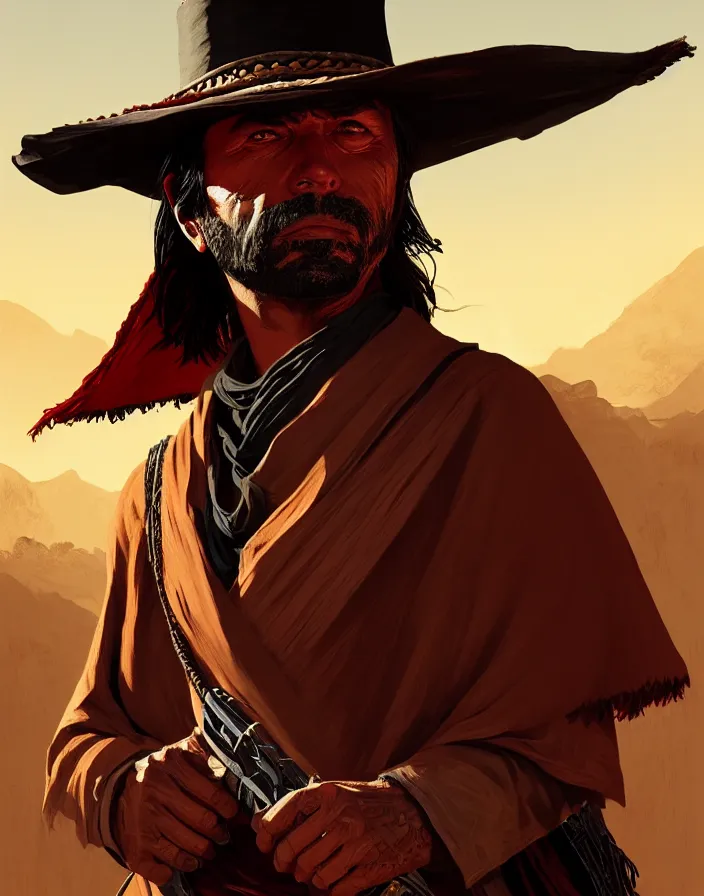 Image similar to misterious gaucho bandido commander, shady look, a raggy long poncho, red dead redemption, magic the gathering, intricate desert background, highly detailed, digital painting, artstation, concept art, sharp focus, illustration, art by Artgerm, Grafit Studio, and Greg Rutkowski and Craig Mullins