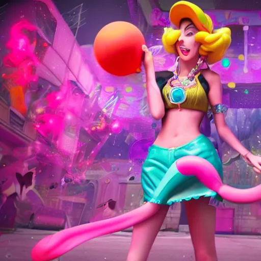 Image similar to Princess peach mixed with jinx from league of legends, dancing, background jet ground radio, fullshot, raytrayced, octane render, epic composition, intricate details, hyperrealist, dark neon punk, by Alessandro Barbucci, Barbara Canepa