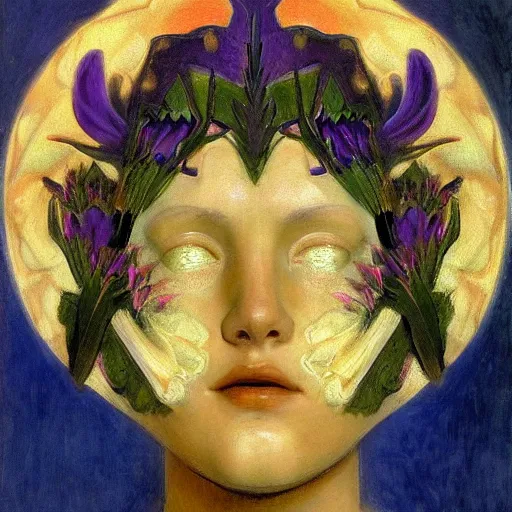 Image similar to masterpiece painting of a facemask made of stylized flowers, by annie swynnerton and jean delville and tino rodriguez and john watkiss, flower mask, art deco shaman, symbolist, dramatic lighting, god rays, elaborate geometric ornament, clean crisp graphics, soft cool colors, smooth, sharp focus, extremely detailed