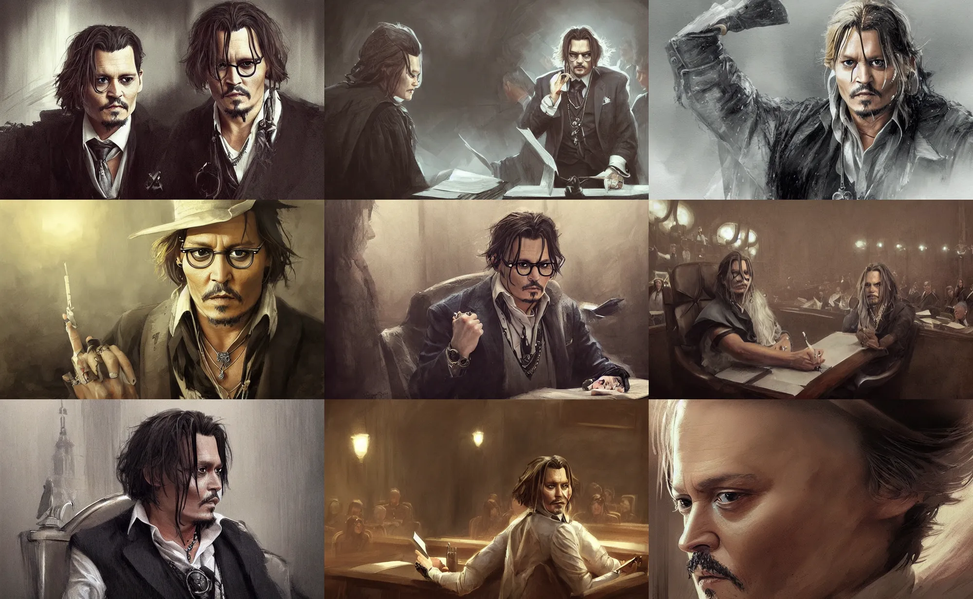 Prompt: johnny depp as a judge in a courtroom, concept art, detailed face, fantasy, highly detailed, cinematic lighting, digital art painting by greg rutkowski