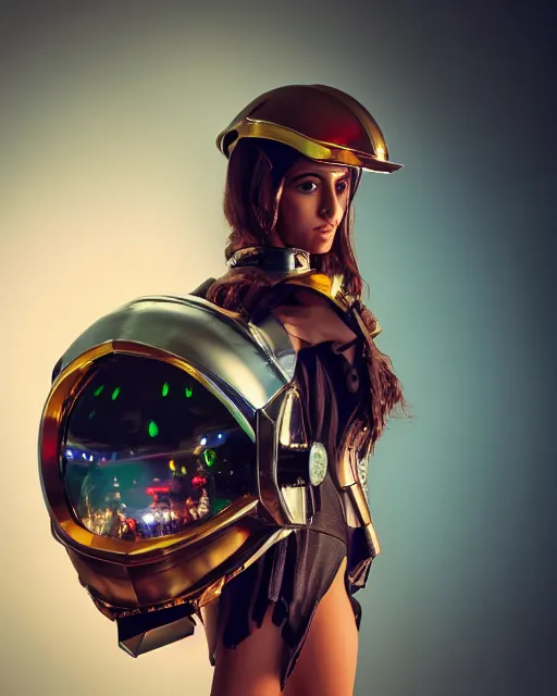 Image similar to centered medium shot fine studio photograph of a beautiful persian girl wearing only a mecha electronic persian helmet with bright lights, ultra-realistic, white background, 8k HDR sunset lit, intricate