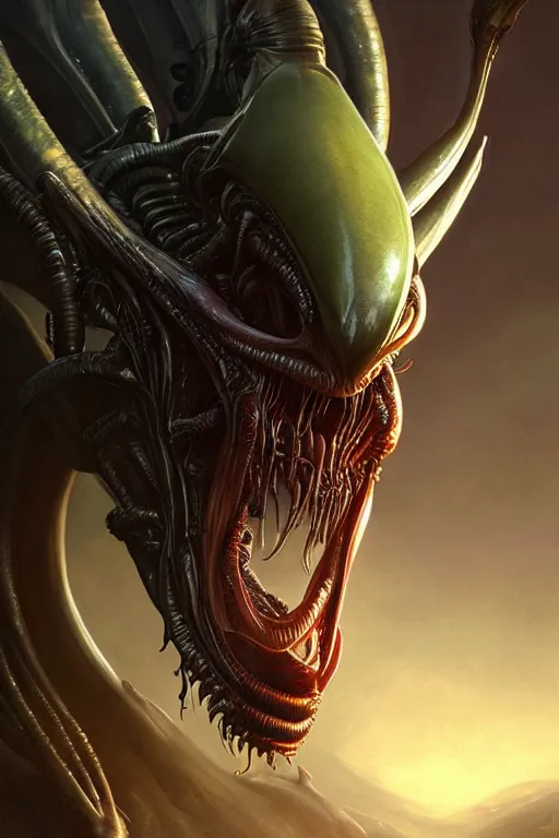 Prompt: agressive alien xenomorph, close - up portrait, intricate, elegant, volumetric lighting, scenery, digital painting, highly detailed, artstation, sharp focus, illustration, concept art, gaston bussiere, ruan jia, steve mccurry