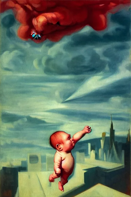 Prompt: evil human giant baby in a diaper, grows up to the sky, destroys the city under his feet, hauntingly surreal, highly detailed painting by francis bacon, edward hopper, adrian ghenie, gerhard richter, and james jean soft light 4 k,