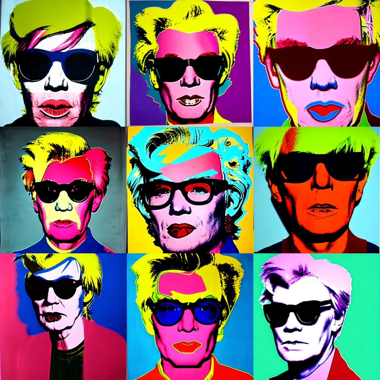 Prompt: colour portrait of extremely angry andy warhol aged 40. andy\'s shoulders are in the frame. andy looks sternly straight into the camera and wears designer sun glasses. painting in the style of andy warhol