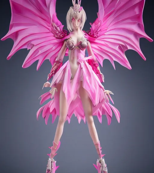 Prompt: accurate detailed standing figurine anime dragon girl with pink scales, wearing a pink dress, giant wings, figurine!!!, studio lighting, grey background, no shadow, trending on artstation, 4 k, sharp, highly - detailed, focus on face!!!