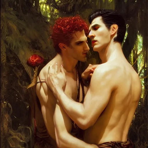 Image similar to attractive male fairy of the forest confesses his love to attractive male dracula the vampire. highly detailed painting by gaston bussiere, craig mullins, j. c. leyendecker 8 k