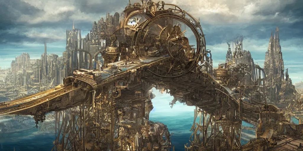 Prompt: illustration, concept illustration, steam punk, a single giant ancient linear city on a single bridge, giant continent bridge city build over the ocean in a straight line, fading into the distance