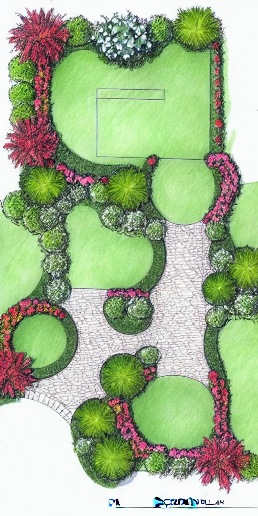 Prompt: beautiful garden plan, overhead plan sketch, garden design by, del buono gazerwitz landscape architecture