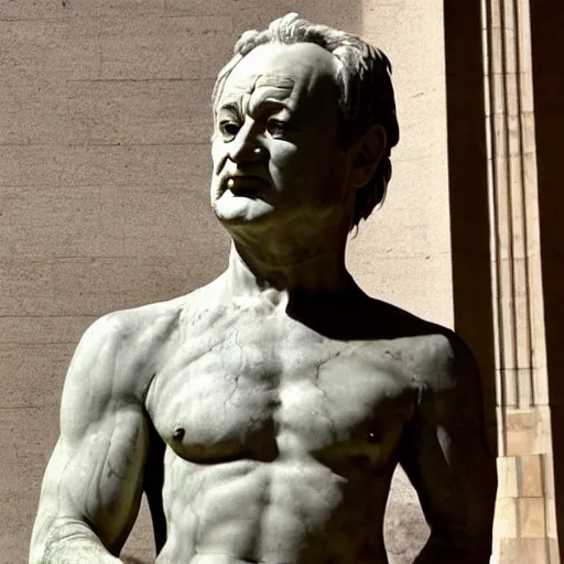 Image similar to bill murray as a marmor statue by michelangelo, church background